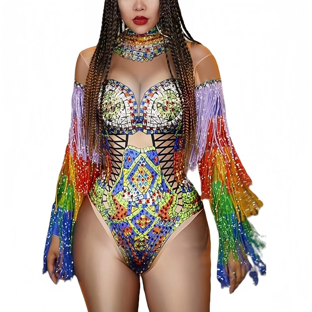 7526 Sparkly Rhinestone Fringe Bodysuits Dance Costumes Drag Queen Outfits